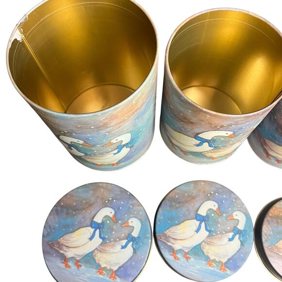 3 Pc Set Tin Nesting Canisters Christmas Winter Goose Ducks Blue Ribbons - Picture 6 of 11